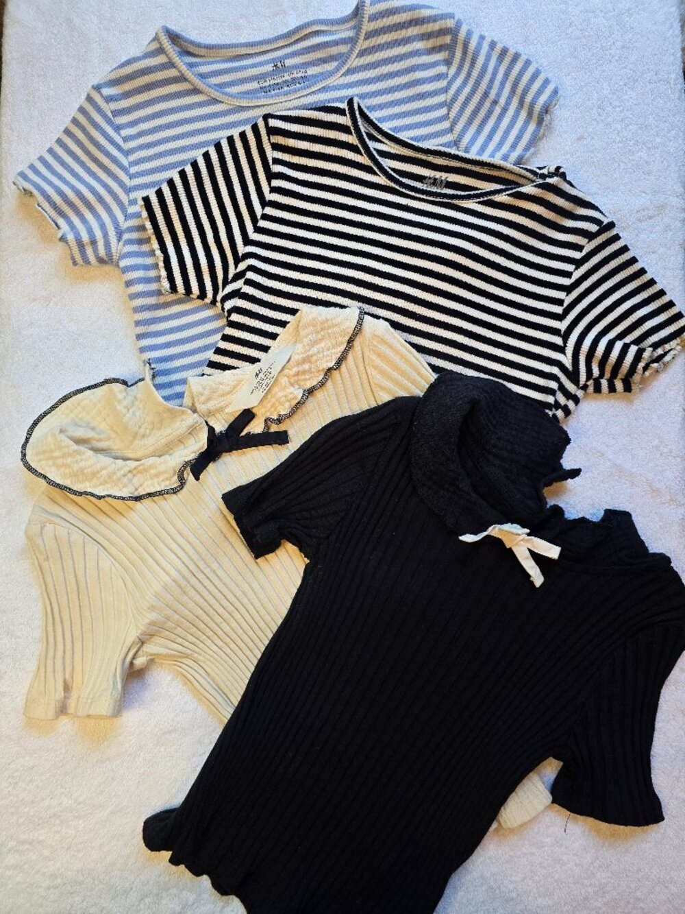 H&M Girls Shirt Bundle - Light Blue & Black Striped & Cream & Black Rib Knit Top